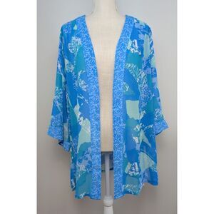 Bob Mackie Wearable Art Womens Kimono Cardigan 1X Open Front Abstract Blue Aqua